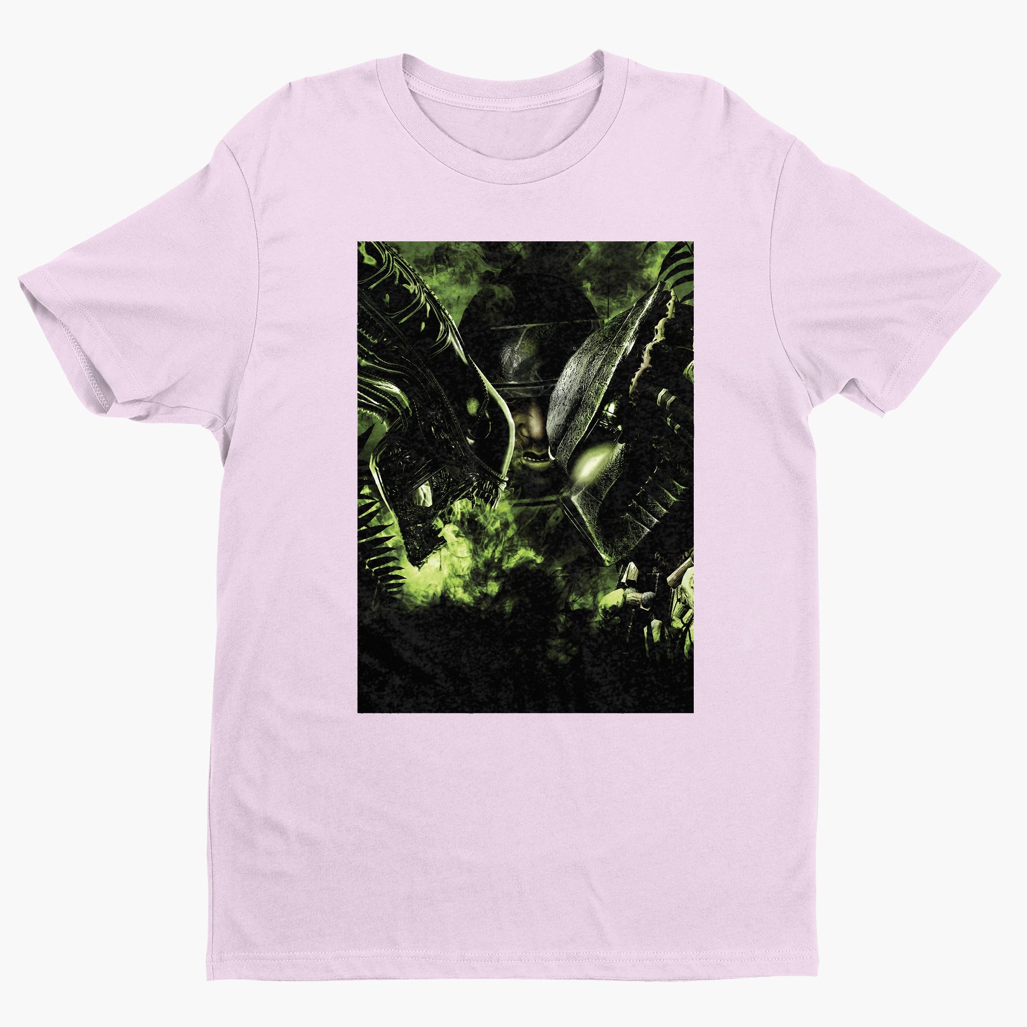 Aliens vs. Predator promotional art tee — light pink unisex t-shirt, front view